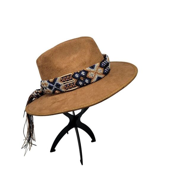 Vintage La Sierra Suede Western Cowboy Hat Camel Brown Aztec Tapestry Band Boho - Picture 9 of 13